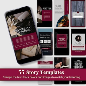 Pu&ograve; includere: Una collezione di 55 modelli di storie Instagram per scrittori e autori. I modelli presentano una variet&agrave; di design, tra cui una macchina da scrivere, un libro, un orologio e una citazione sulla scrittura. I modelli sono in uno schema di colori scuri con accenti bordeaux.