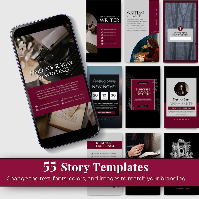 Pu&ograve; includere: Una collezione di 55 modelli di storie Instagram per scrittori e autori. I modelli presentano una variet&agrave; di design, tra cui una macchina da scrivere, un libro, un orologio e una citazione sulla scrittura. I modelli sono in uno schema di colori scuri con accenti bordeaux.