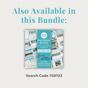 May include: A blue and white graphic with the text "Instagram Bundle for Travel Agents" and "172 Templates". The graphic also includes the text "Bonus 50 Post Idea Prompts! Matching IG Posts, Stories & Highlight Covers".
