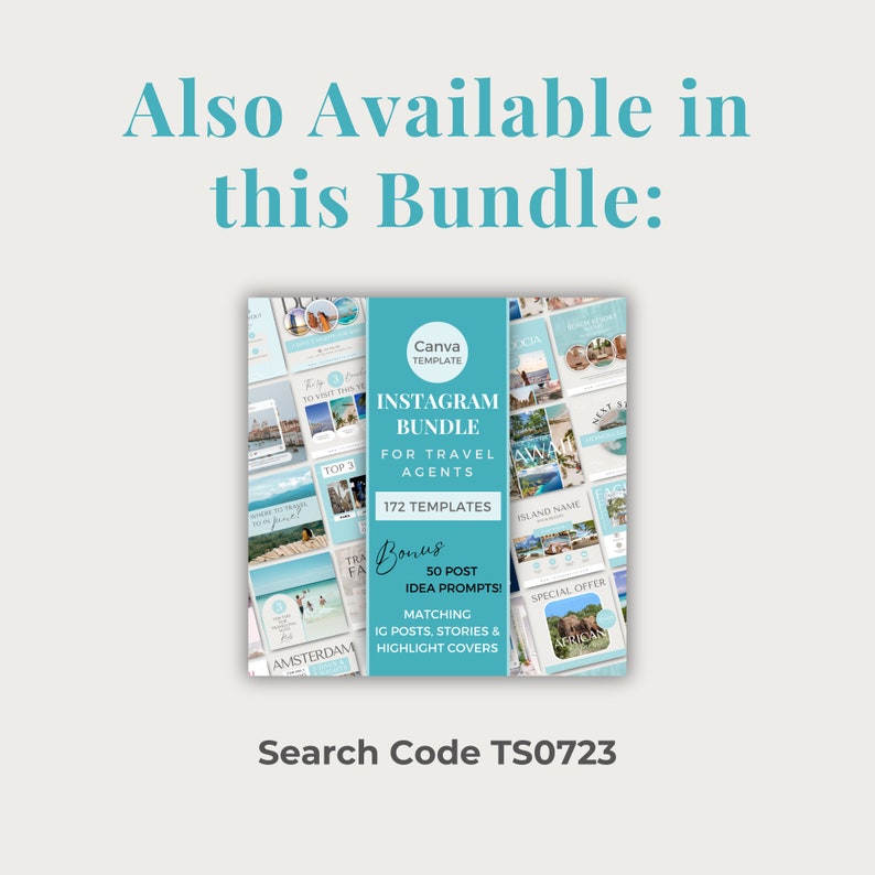 May include: A blue and white graphic with the text "Instagram Bundle for Travel Agents" and "172 Templates". The graphic also includes the text "Bonus 50 Post Idea Prompts! Matching IG Posts, Stories & Highlight Covers".