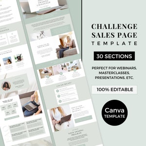 May include: A Canva template for a challenge sales page with 30 sections. The template is perfect for webinars, masterclasses, presentations, and other online events. The template is 100% editable and includes a variety of sections, such as "Can You Relate?" and "What If I Told You There Was a Better Way?"