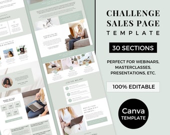 May include: A Canva template for a challenge sales page with 30 sections. The template is perfect for webinars, masterclasses, presentations, and other online events. The template is 100% editable and includes a variety of sections, such as "Can You Relate?" and "What If I Told You There Was a Better Way?"