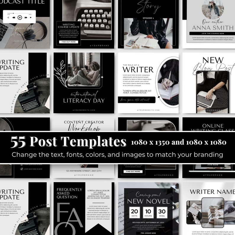 May include: A collection of 55 social media post templates for writers and content creators. The templates feature a black and white color scheme with a modern and minimalist design. The templates include text boxes for adding your own content, as well as images and icons. The templates are perfect for promoting your writing, sharing your work, and connecting with your audience.