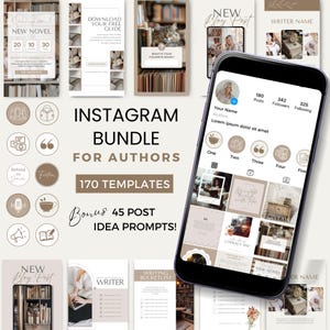 May include: A digital marketing bundle for authors featuring 170 Instagram templates and 45 post idea prompts. The bundle includes a variety of templates for different types of content, such as quotes, book recommendations, and behind-the-scenes glimpses. The templates are designed in a neutral color palette with a modern aesthetic.