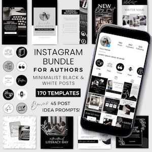 Plantilla Canva para publicaciones de Instagram de autor / Plantillas de Instagram en blanco y negro para escritores / Paquete Bookstagram BW0124
