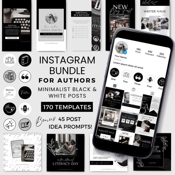 Author Instagram Posts Canva Template | Black & White Instagram Templates for Writers | Bookstagram Bundle BW0124