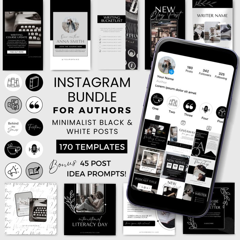 Author Instagram Posts Canva Template | Black & White Instagram Templates for Writers | Bookstagram Bundle BW0124 image 1