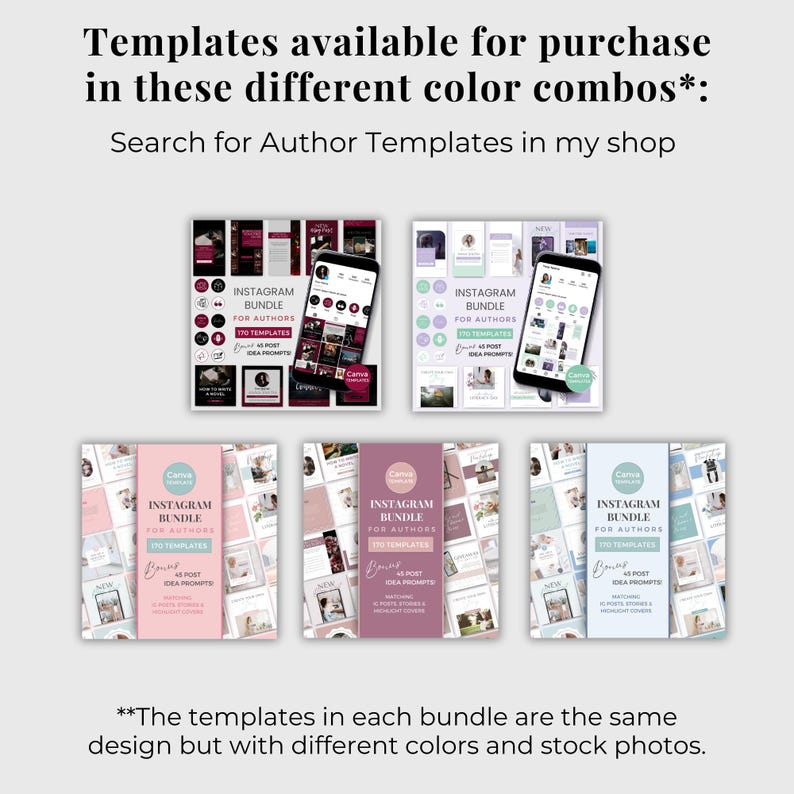May include: Six different Instagram post templates for authors, each with a different color scheme. The templates are designed for use with Canva and include 170 templates and idea prompts. The templates feature a variety of colors, including pink, purple, blue, green, and red.