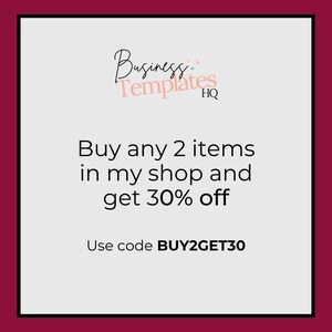Pu&ograve; includere: Una grafica bianca e grigia con il testo "Business Templates HQ" in rosa e nero. Il testo "Acquista 2 articoli nel mio negozio e ottieni il 30% di sconto" &egrave; in nero. Il testo "Usa il codice BUY2GET30" &egrave; in nero.