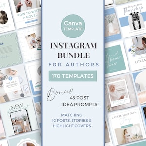 Könnte beinhalten: Ein Canva-Vorlagenpaket für Autoren mit 170 Vorlagen und 45 Ideen für Beitragsvorlagen. Das Paket enthält passende Instagram-Beiträge, Stories und Highlight-Cover. Das Bild zeigt ein blaues und weißes Farbschema mit verschiedenen Bildern zum Thema Schreiben und Autoren.