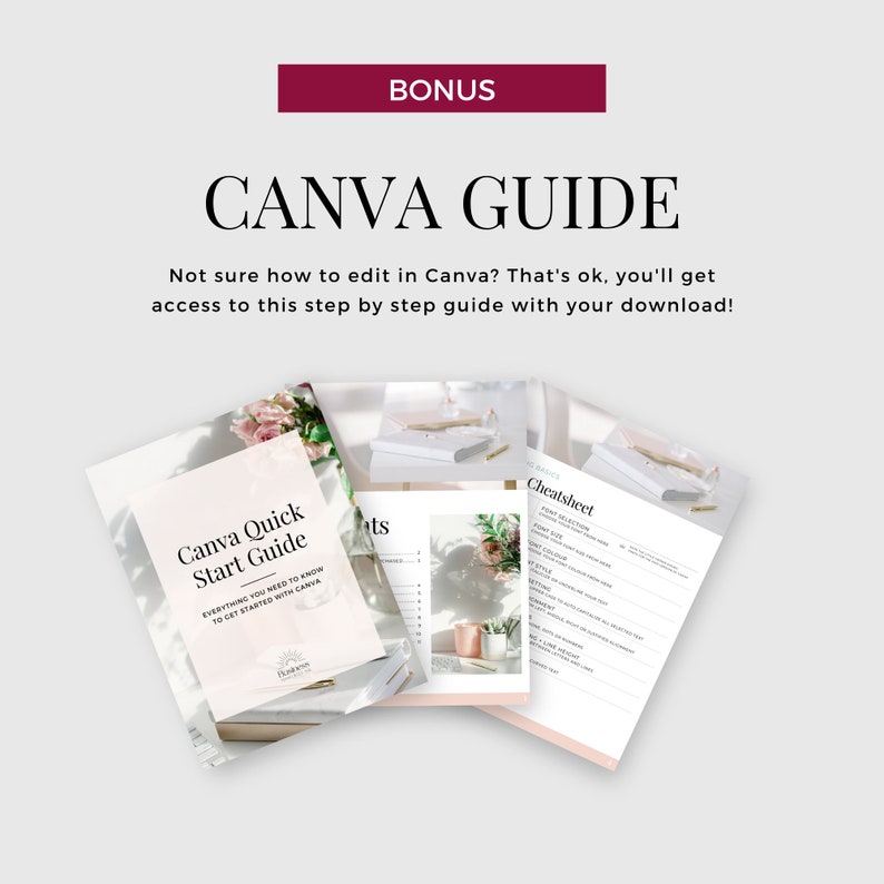 Pu&ograve; includere: Una guida rapida di Canva con un design floreale rosa sulla copertina. La guida include un cheat sheet con suggerimenti e trucchi per l'utilizzo di Canva.