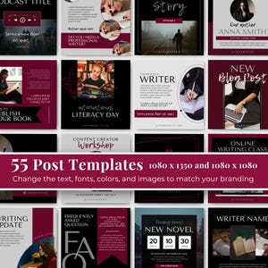 Pu&ograve; includere: Una collezione di 55 modelli di post per i social media per scrittori e autori. I modelli presentano una variet&agrave; di design con accenti bordeaux e neri. Il testo sui modelli include frasi come "Story", "Nuovo post del blog", "Corso di scrittura online" e "Workshop di creazione di contenuti".