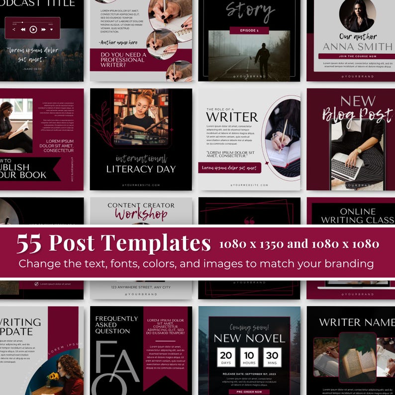 Pu&ograve; includere: Una collezione di 55 modelli di post per i social media per scrittori e autori. I modelli presentano una variet&agrave; di design con accenti bordeaux e neri. Il testo sui modelli include frasi come "Story", "Nuovo post del blog", "Corso di scrittura online" e "Workshop di creazione di contenuti".