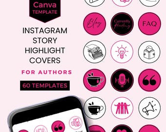 May include: A set of 60 pink and black Instagram story highlight covers for authors. The covers feature icons such as a book, a typewriter, a lightbulb, a microphone, and a teacup. The text "60 TEMPLATES" is also visible.