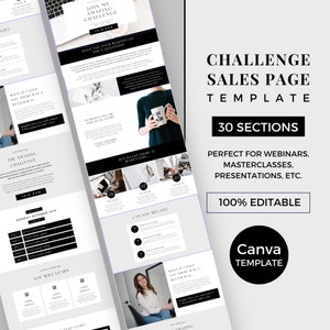 May include: A Canva template for a challenge sales page with 30 sections. The template is perfect for webinars, masterclasses, presentations, and other online events. The template is 100% editable and includes a variety of sections, such as "Join My Amazing Challenge", "What If I Told You There Was a Better Way", "Can You Relate?", and "You Will Learn".