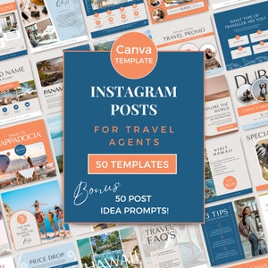 Travel Agent Instagram Template Travel Agency Templates Canva Travel Agent Posts Canva Travel Agent Social Media Orange Blue OB0723