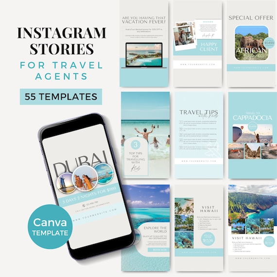 Travel Agent Instagram Template Travel Agency Templates Canva Travel Agent Story Posts Canva Travel Agent Social Media Turquoise TS0723