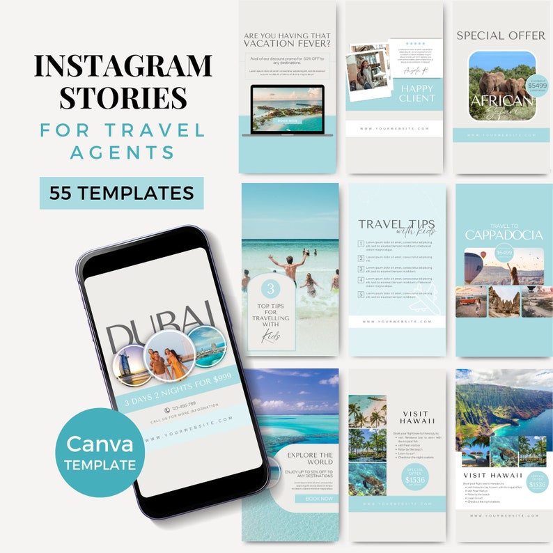 May include: A collection of 55 Instagram story templates for travel agents. The templates feature a variety of travel destinations, including Dubai, Hawaii, and Cappadocia. The templates are designed to be visually appealing and informative, with a focus on promoting travel packages and special offers.