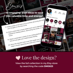 Pu&ograve; includere: Un collage di idee per post sui social media per autori, che presenta uno schermo di telefono che mostra una griglia di nove post di Instagram con una variet&agrave; di contenuti, tra cui copertine di libri, suggerimenti di scrittura e foto di autori. Il testo "45 idee di post coinvolgenti per farti risparmiare tempo ed energie!" &egrave; presente nell'immagine.