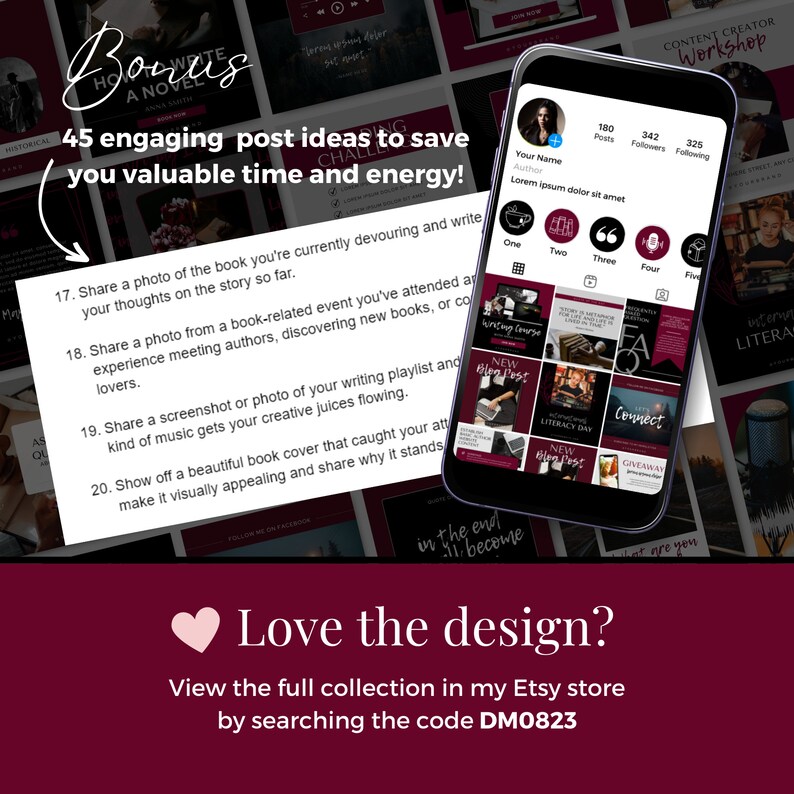 Pu&ograve; includere: Un collage di idee per post sui social media per autori, che presenta uno schermo di telefono che mostra una griglia di nove post di Instagram con una variet&agrave; di contenuti, tra cui copertine di libri, suggerimenti di scrittura e foto di autori. Il testo "45 idee di post coinvolgenti per farti risparmiare tempo ed energie!" &egrave; presente nell'immagine.