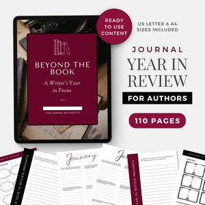 Op de afbeelding: Een digitale journalcover met een bordeauxrode achtergrond en de tekst "Beyond the Book: A Writer's Year in Focus" in wit. Het journal is voor auteurs en bevat 110 pagina's.