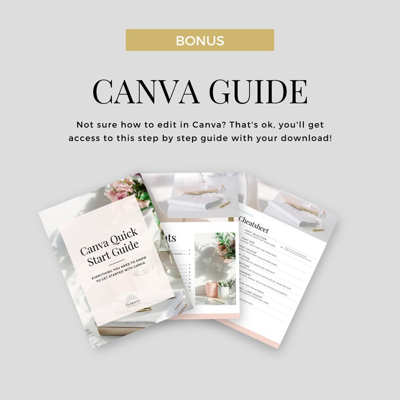 Op de afbeelding: Een Canva Quick Start Guide met een roze bloemenontwerp en de tekst "Canva Quick Start Guide" en "Alles wat je moet weten om aan de slag te gaan met Canva".