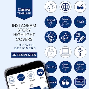 May include: A blue and white graphic design template for Instagram story highlight covers. The template includes 36 different designs with icons such as a lightbulb, a microphone, a lock, a laptop, a question mark, and more. The text "Instagram Story Highlight Covers for Web Designers 36 Templates" is displayed on the image.