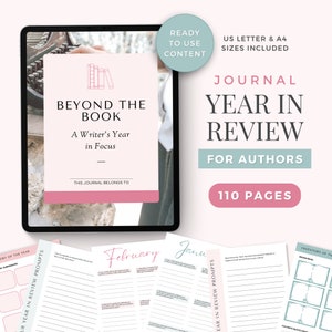 Könnte beinhalten: Ein digitales Journal-Cover mit dem Titel "Beyond the Book: A Writer's Year in Focus" und dem Text "Journal Year in Review for Authors 110 Pages". Das Cover ist rosa und weiß mit einem stilisierten Bild von Büchern.