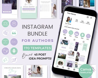 Auteur Instagram-berichten Canva-sjabloon Schrijvers Social-mediaberichten Auteur Instagram-ideeën Fantasie Auteur Sjablonen BUNDEL Paars Groen PG0124