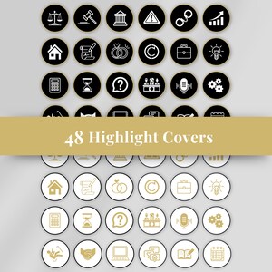 Op de afbeelding: 48 zwarte en gouden cirkelpictogrammen met witte contouren. De pictogrammen tonen verschillende symbolen, waaronder een weegschaal, een hamer, een gebouw, een uitroepteken, een schakellink, een staafdiagram, een huis, een document met een vinkje, twee ringen, een vernieuwings-pijl, een koffer, een gloeilamp, een rekenmachine, een zandloper, een vraagteken, een groep mensen, een microfoon, tandwielen, een vallende persoon, een handdruk, een laptop, een hart met een vinkje, een open boek en een kalender.