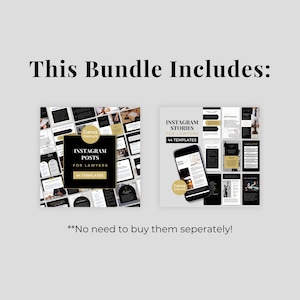 Op de afbeelding: Een bundel van 44 Canva-sjablonen voor Instagram-berichten en -verhalen voor advocaten. De sjablonen zijn zwart en goud met een modern ontwerp. De tekst op de afbeelding luidt "Instagram Posts for Lawyers 44 Templates" en "Instagram Stories for Lawyers 44 Templates".