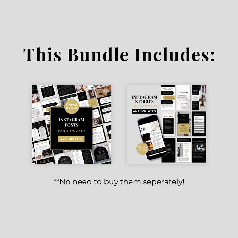 Op de afbeelding: Een bundel van 44 Canva-sjablonen voor Instagram-berichten en -verhalen voor advocaten. De sjablonen zijn zwart en goud met een modern ontwerp. De tekst op de afbeelding luidt "Instagram Posts for Lawyers 44 Templates" en "Instagram Stories for Lawyers 44 Templates".