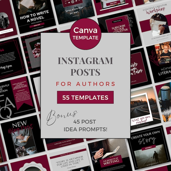 Author Instagram Posts Canva Template Writers Social Media Posts Author Instagram Ideas Bookstagram Templates IG Dark Moody Black Red DM0823