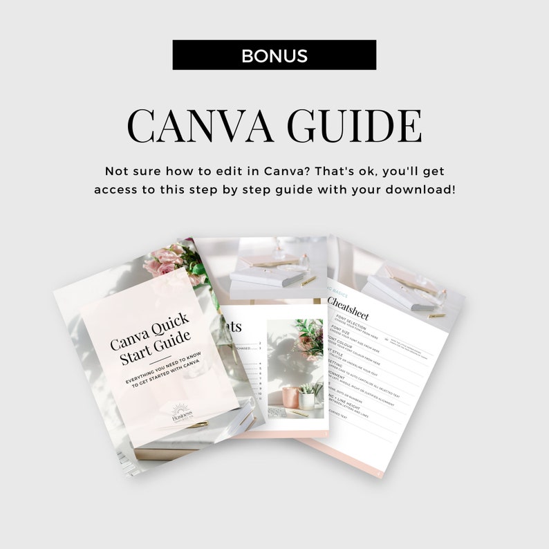 May include: A Canva Quick Start Guide with a pink floral design on the cover. The guide includes a cheatsheet with tips for using Canva.