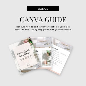 May include: A Canva Quick Start Guide with a pink floral design on the cover. The guide includes information on how to get started with Canva and a cheatsheet with basic design elements.