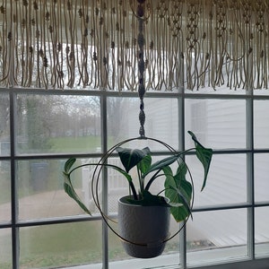 Boho chic macrame gold hoop plant holder with crystals and with pot, in white, black or off-white