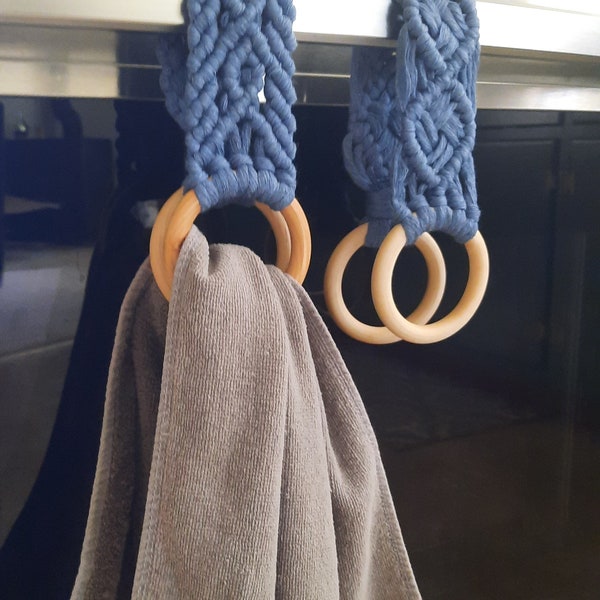 hand made set of 2  blue or single turquoise macrame kitchen/bathroom towel holders, large wooden ring for regular size or bulky hand towels