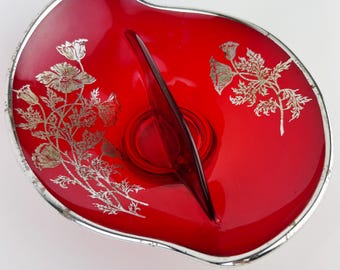 Mid Century Red Glass Raised Serving Dish with Silver Floral Etching | Vintage Candy Dish | Valentine Home Decor