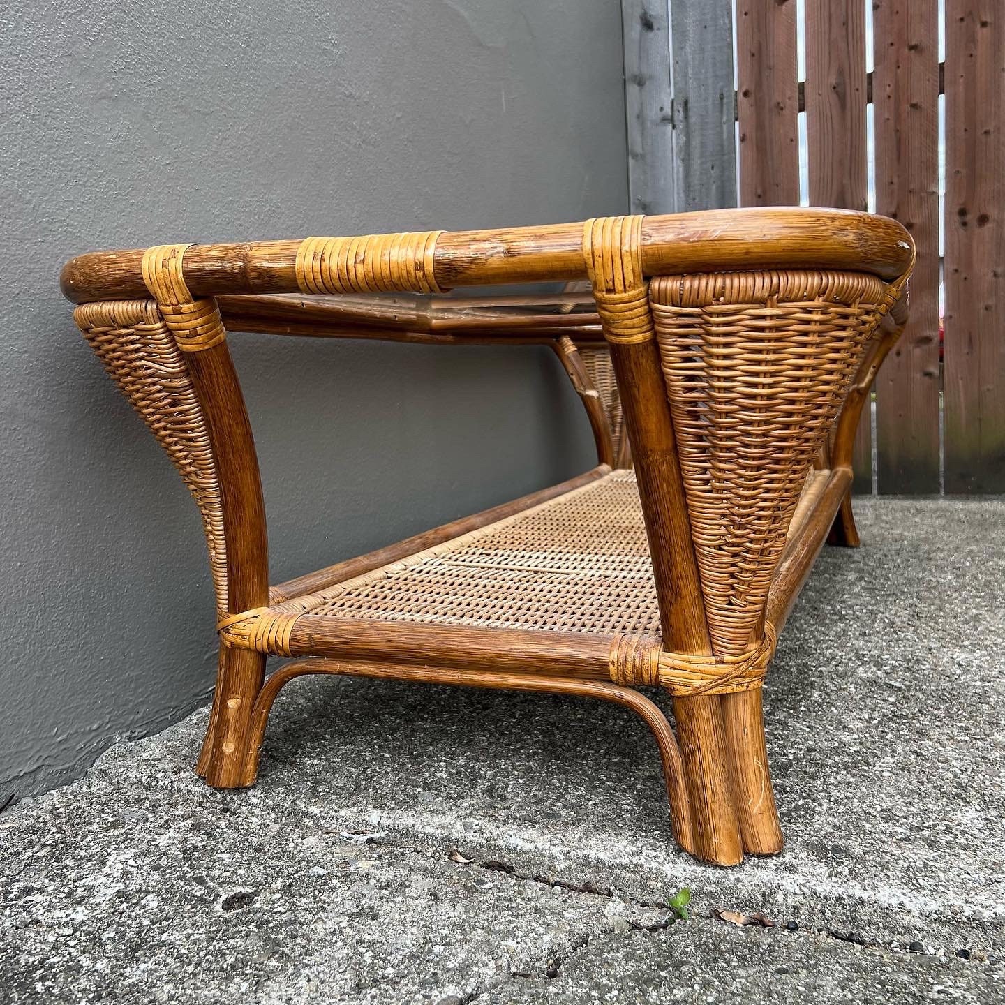Vintage Wicker Coffee Table With Glass Top Etsy