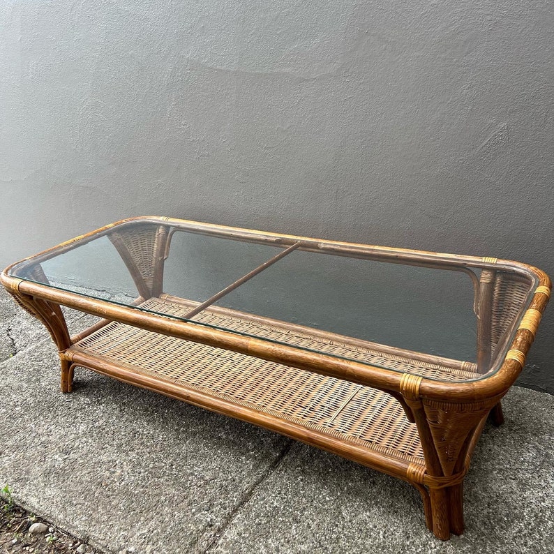 Vintage Wicker Coffee Table With Glass Top Etsy