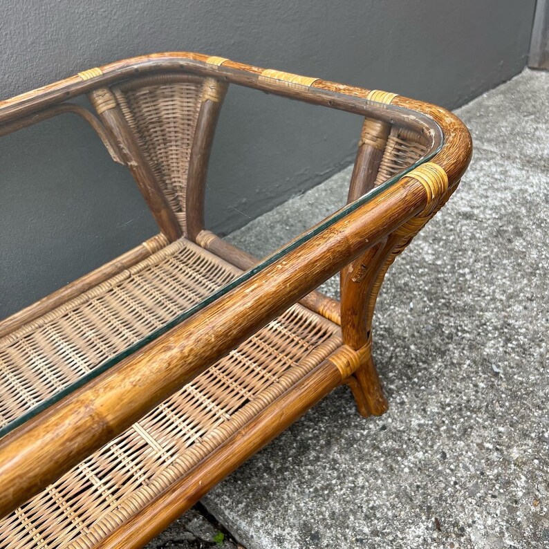 Vintage Wicker Coffee Table With Glass Top Etsy