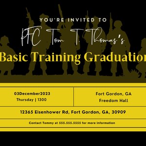 Invitation jaune et noire d'obtention du diplôme de formation de base | E-invitations | Numérique | Invitation militaire