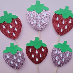 Glitter strawberry cupcake toppers, Pink and/or red cupcake toppers, Berry first birthday, Strawberry decor