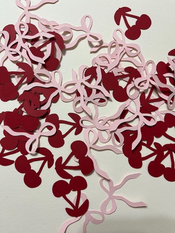 50 Cherry and bows confetti, She’s the Cherry on top, Coquette confetti, Birthday party decoration, Table confetti
