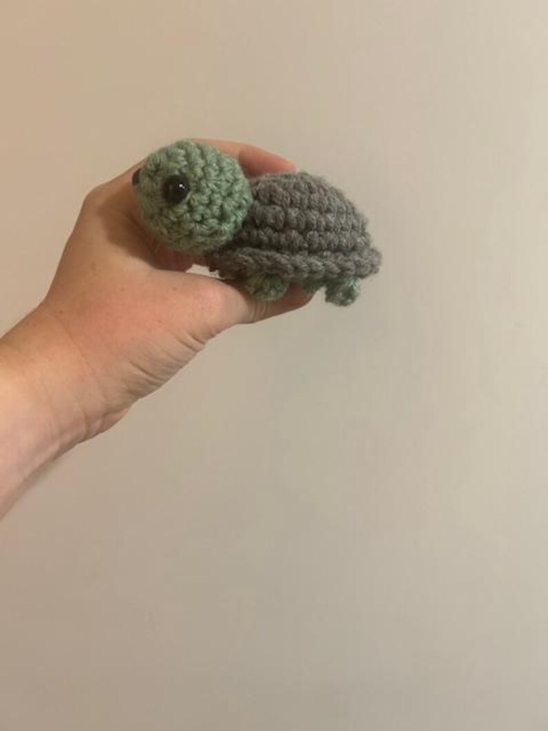 Peut inclure: Une tortue au crochet faite &agrave; la main, dans les tons de vert et de gris. La tortue a une carapace textur&eacute;e et une petite t&ecirc;te avec des yeux noirs. C'est un petit jouet doux.
