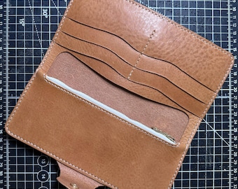 Handmade Tan Leather Long Wallet with Zip Pouch – 6 Card Slots, Snap Closure, 8 Pockets