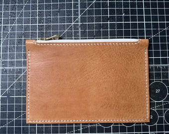 Handmade Tan Leather Zip Pouch 4.5x6.5 – Large Utility Wallet Travel Card Cash Organizer