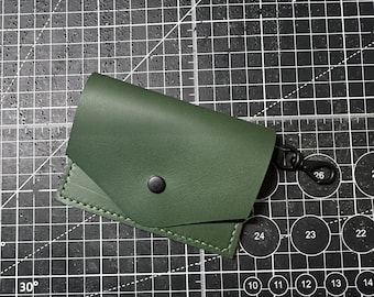 Green Leather 2 Pocket Wallet with Key Clip – Handmade Snap Card Holder Pouch