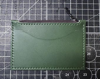 Handmade Green Leather Zip Pouch with Card Slot – 4.75x3.25 Utility Wallet