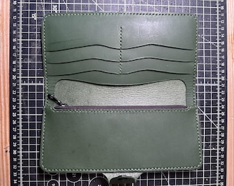 Handmade Green Leather Long Wallet with Zip Pouch – 6 Card Slots, Snap Closure, 8 Pockets